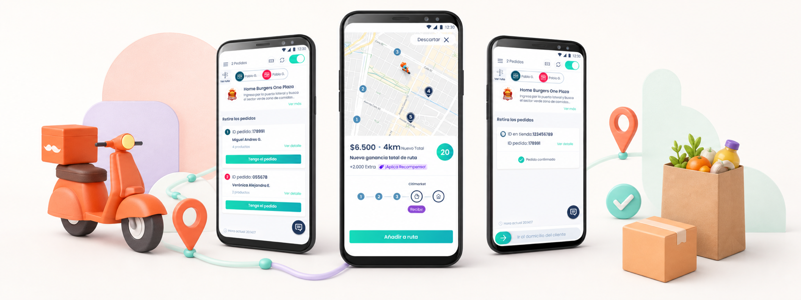 Soy Rappi mobile route, grouped-order and delivery-partner experience